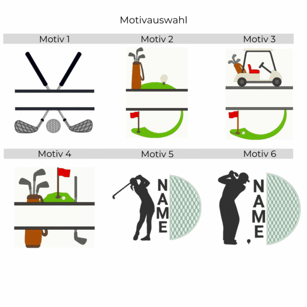 Übersicht Stickmotive Golfhandtuch mit Split-Motiv und Name – alle Motive im Überblick