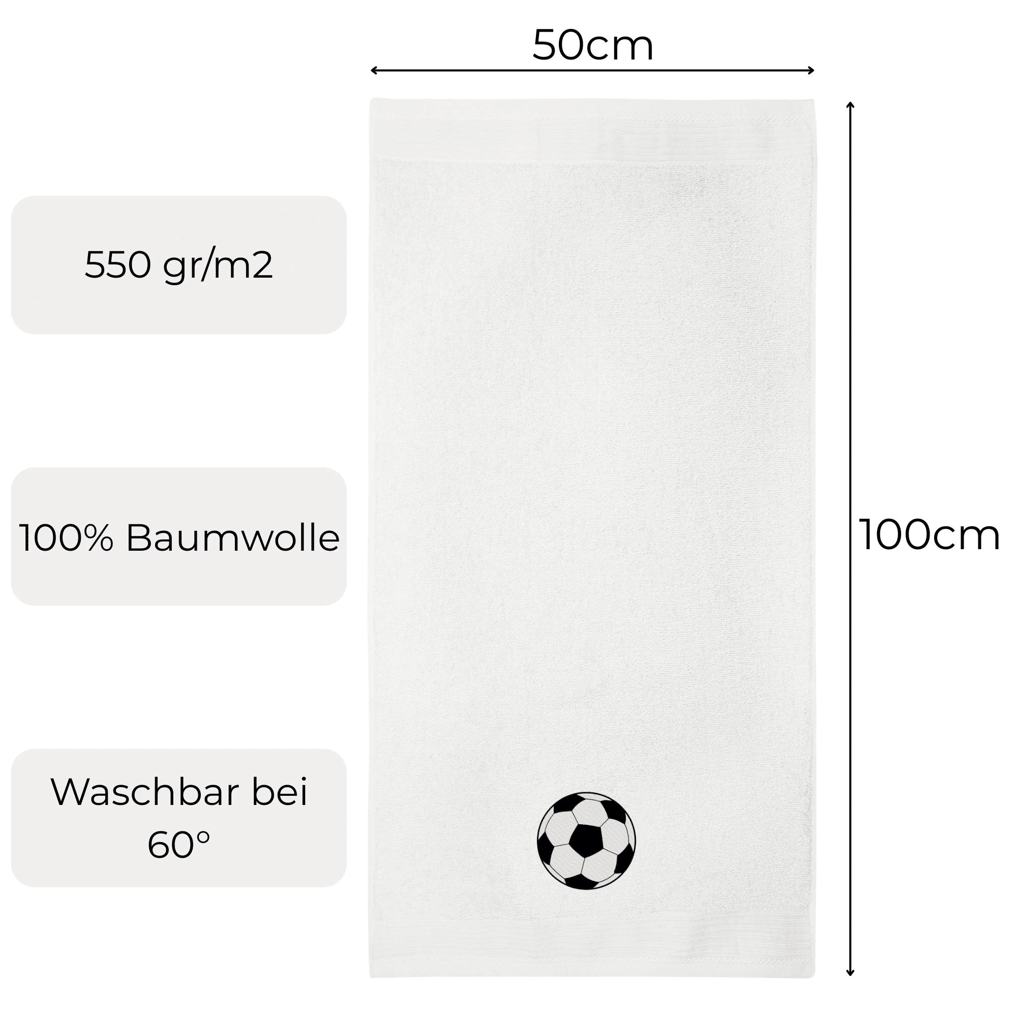 Fußballhandtuch 50x100 cm aus 100 % Baumwolle, 550 g/m², waschbar bei 60 Grad – BQS Textiles