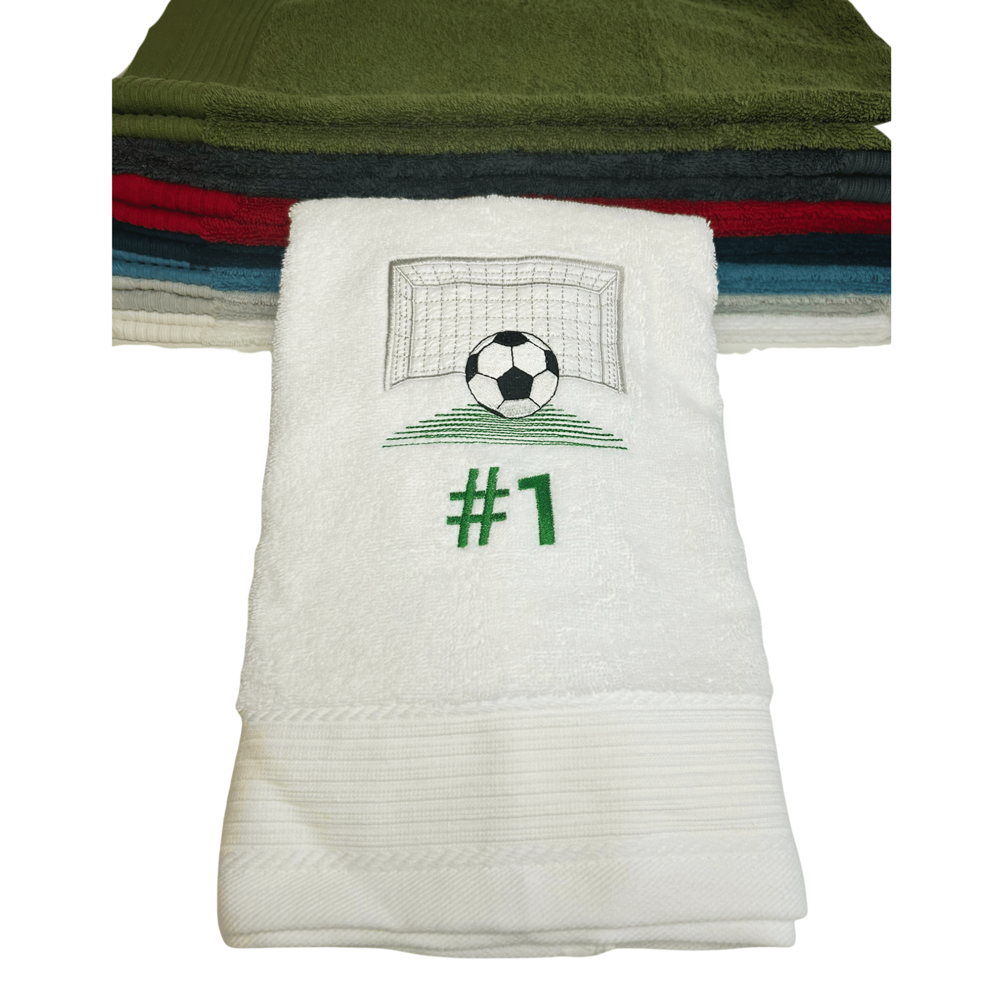 Fußballhandtuch mit Fußball-Motiv und Name: Weißes Fußballhandtuch mit Tor-Motiv und Schriftzug #1 – personalisiert & bestickt