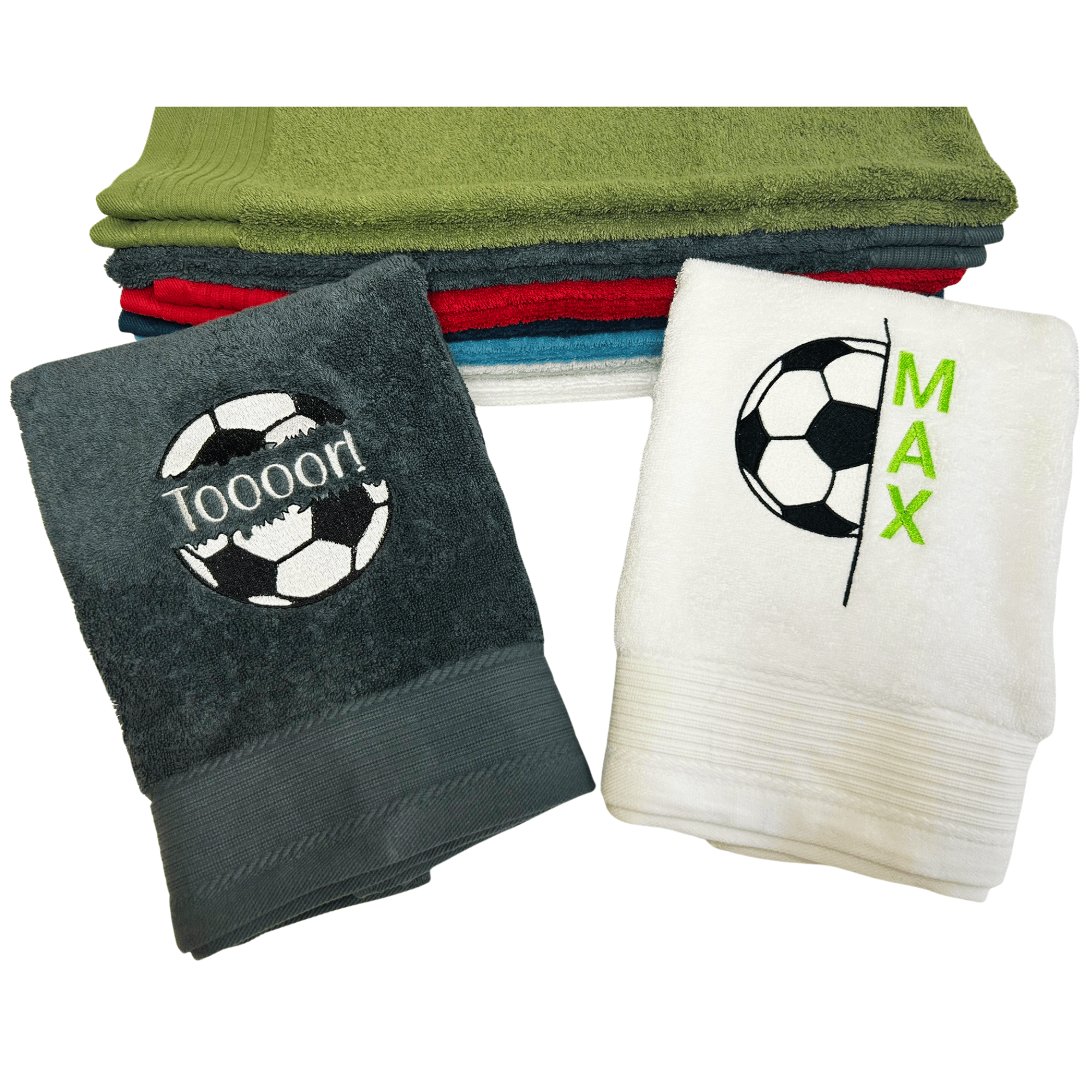 Fußballhandtuch mit Split-Motiv und Name: Personalisierte Fußballhandtücher mit Split-Motiv und Namen in verschiedenen Farben