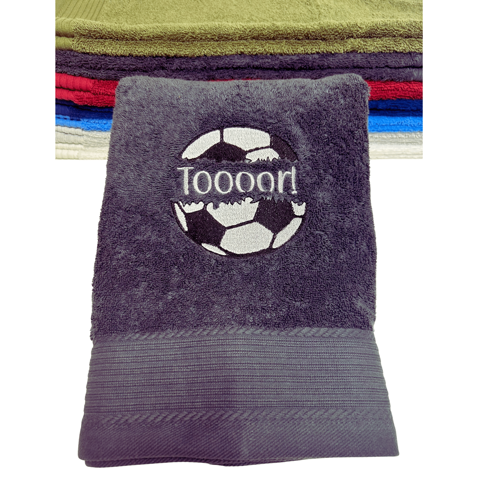 Fußballhandtuch mit Split-Motiv und Name: Graues Fußballhandtuch mit gesticktem Fußball und Schriftzug Toooor