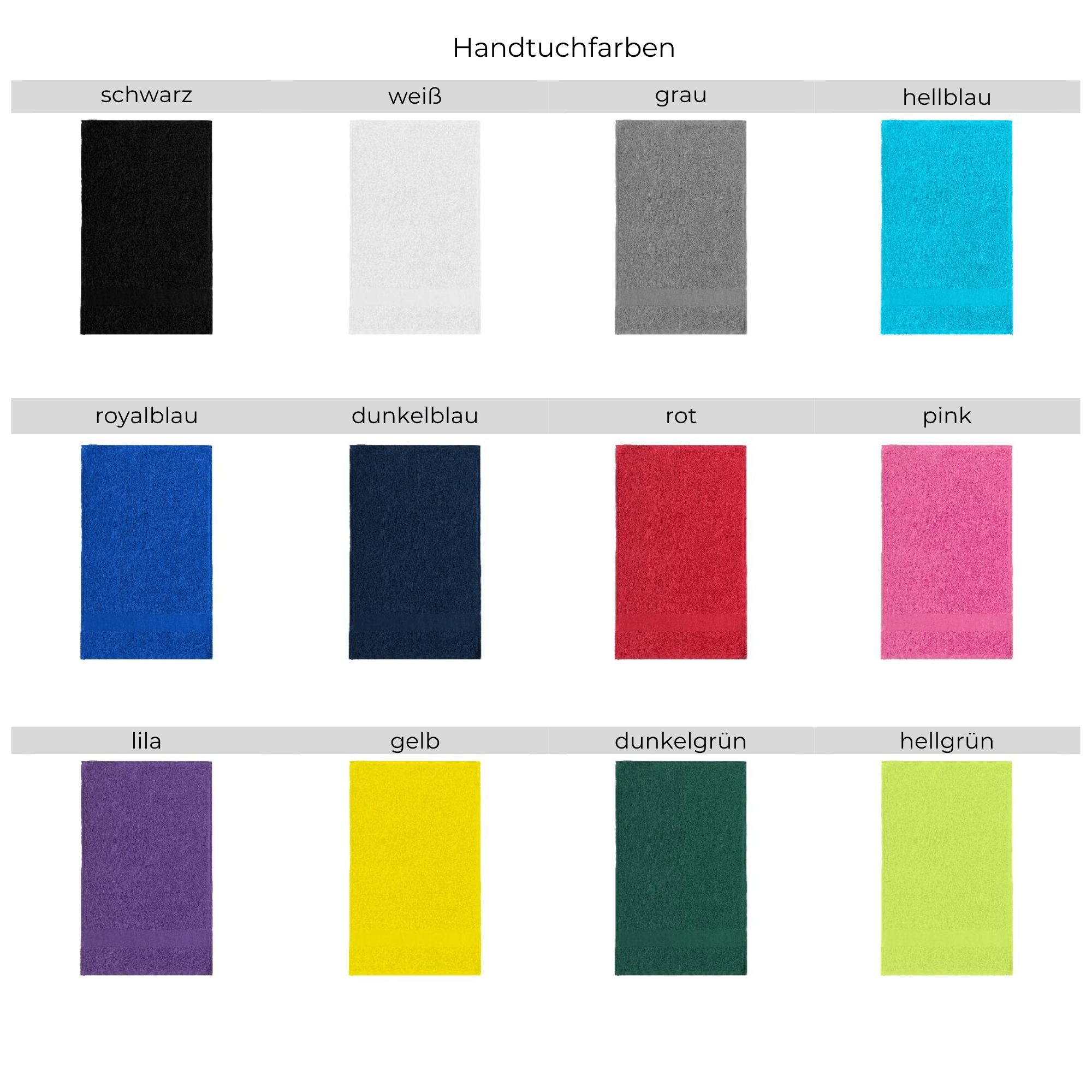 Übersicht aller Handtuchfarben von Sophie Muval für personalisiertes Kinderhandtuch mit Motiv und Name