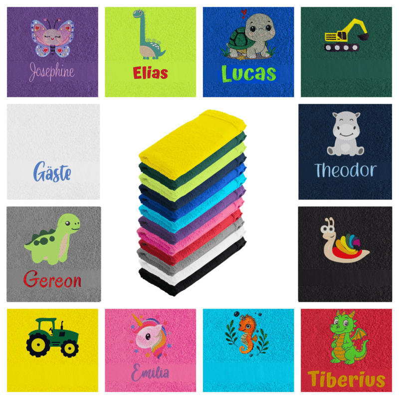 Übersicht personalisiertes Kinderhandtuch mit Motiv und Name in verschiedenen Farben und Designs
