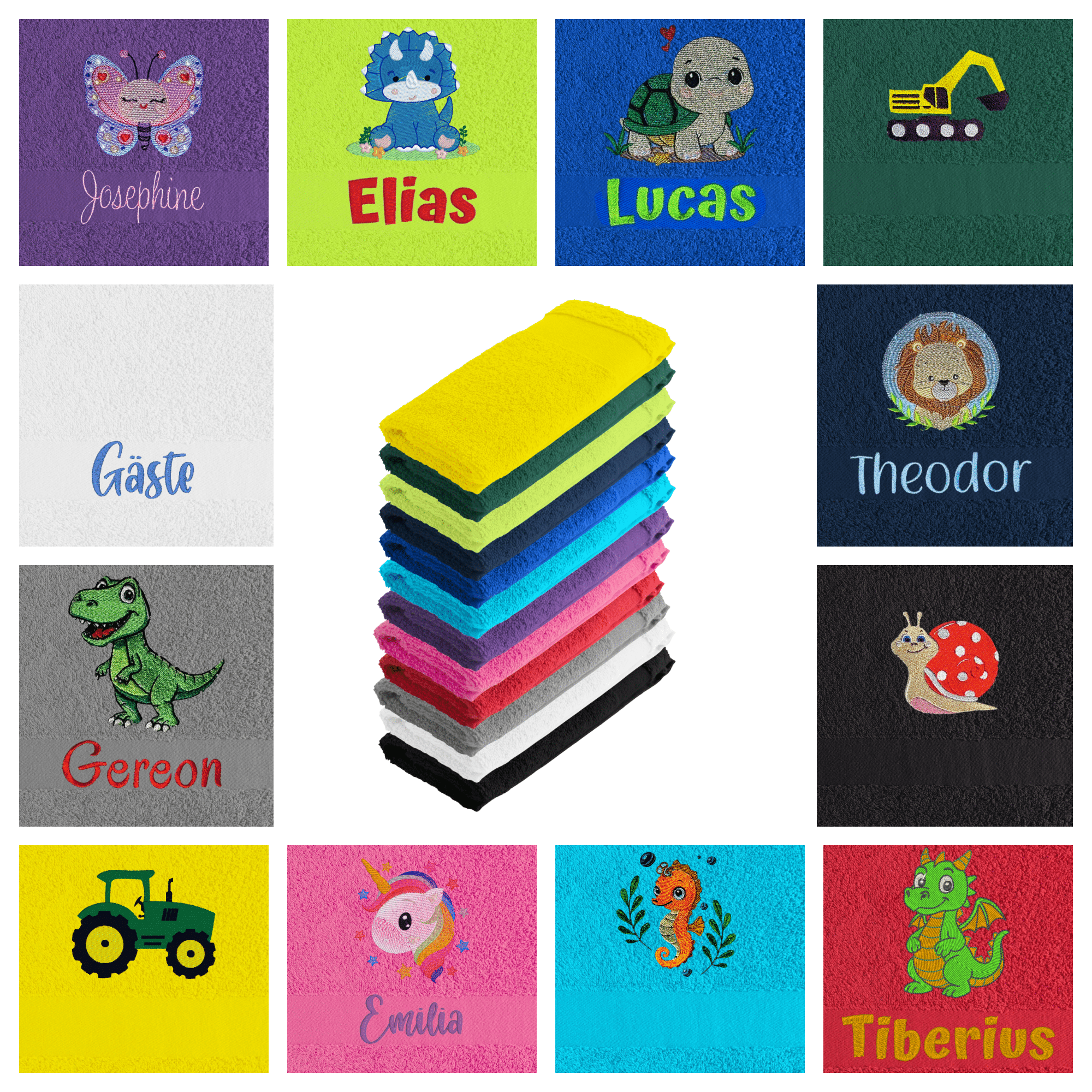 Übersicht personalisiertes Kinderhandtuch mit Motiv und Name in verschiedenen Farben und Designs