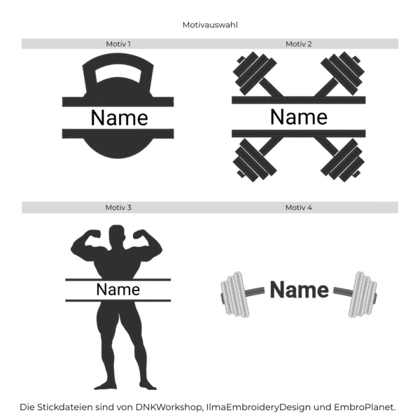 Auswahl an Split-Motiven für personalisierte Sporthandtücher mit Namen