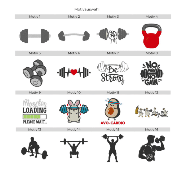 Motivauswahl für Sporthandtuch mit Motiv und Name mit verschiedenen Hantel und Fitness Designs