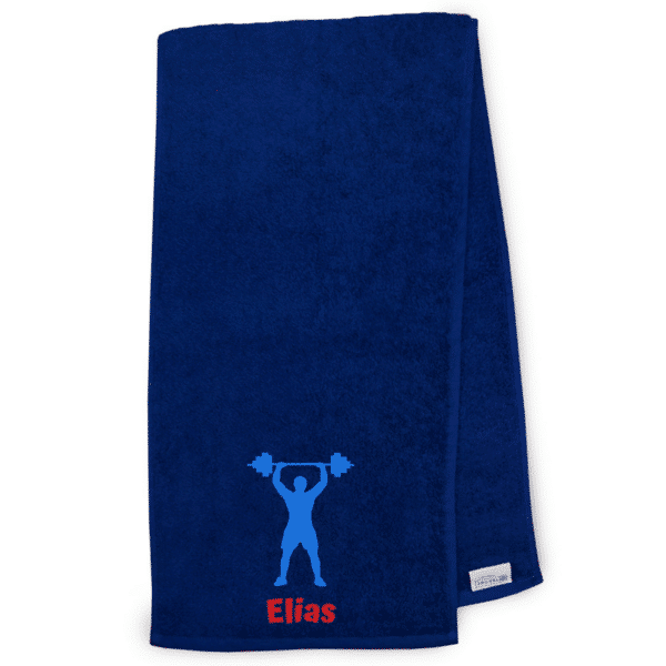 Blaues Sporthandtuch personalisiert mit Name Elias und Fitness Motiv bestickt - Gym Handtuch