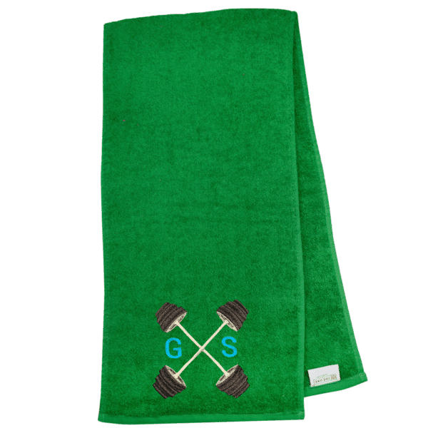 Grünes Sporthandtuch personalisiert mit Motiv und Initialen bestickt - Fitness Handtuch