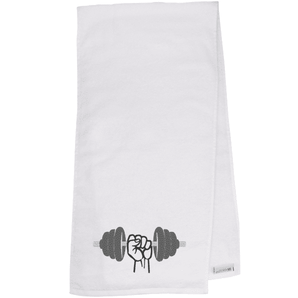 Weißes Sporthandtuch mit Hantel Motiv bestickt - Fitness Handtuch für Training und Gym