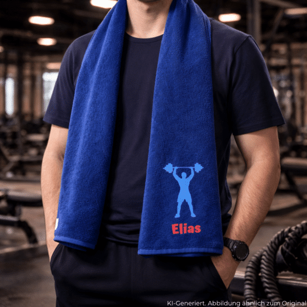 Personalisiertes Sporthandtuch mit Name und Motiv im Fitnessstudio um den Hals getragen - Gym Handtuch