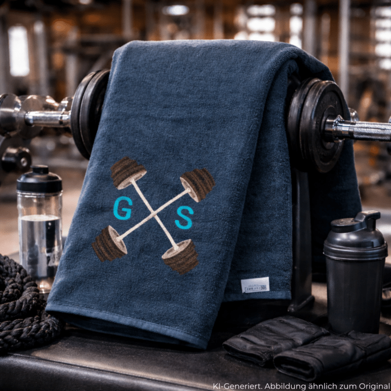 Besticktes Sporthandtuch mit Initalen im Fitnessstudio auf Hantelbank personalisiert. Gym Handtuch hochwertig bestickt