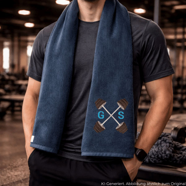 Personalisiertes Sporthandtuch mit Motiv und Initialen im Fitnessstudio um den Hals getragen. Gym Handtuch