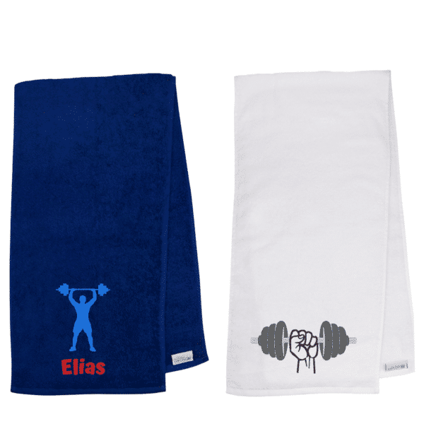 Personalisiertes Sporthandtuch mit Name und Motiv bestickt in blau und weiß - Fitness Handtuch individuell