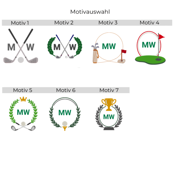 Stickmotiv-Vorschau für Golfhandtuch mit Motiv und Monogramm, Auswahl zwischen verschiedenen Golf-Designs mit Initialen
