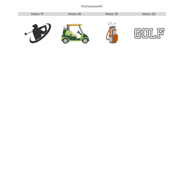 Stickmotiv Übersicht für Golfhandtuch bestickt mit Name und Motiv – 4 weitere, verschiedene Golfmotive zur Auswahl