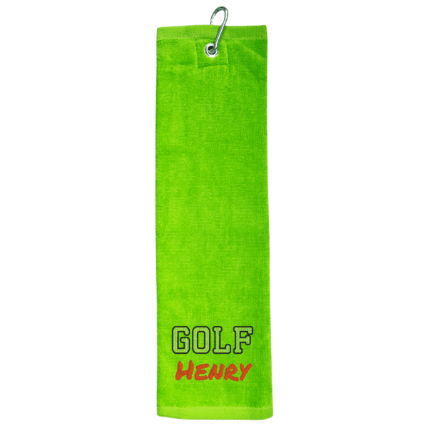 Hellgrünes Golfhandtuch mit GOLF-Schriftzug und rot gesticktem Namen Henry