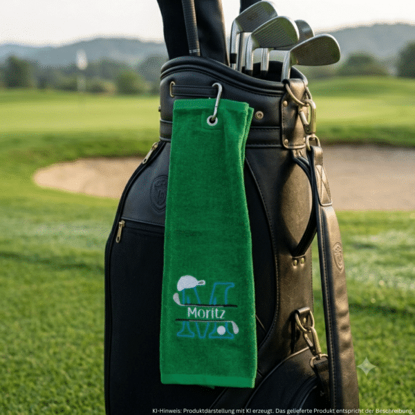 Golfhandtuch mit Golf-Split-Buchstabe M und Name Moritz am Golfbag