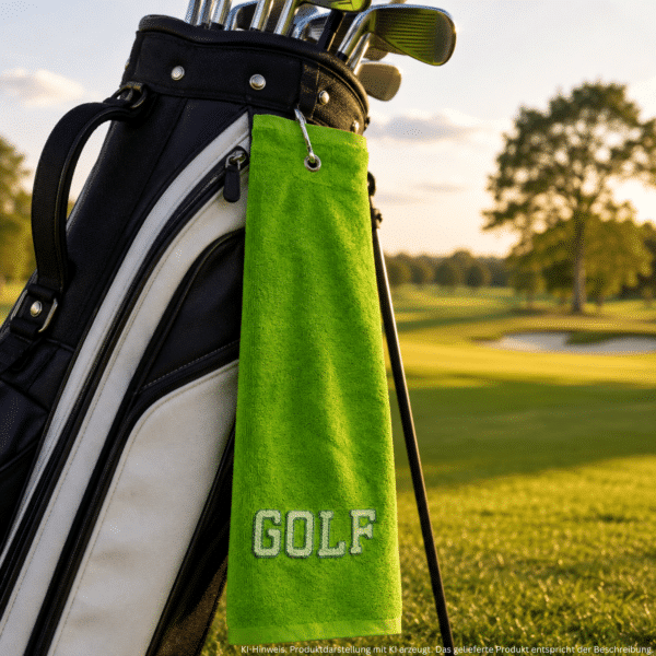 Hellgrünes Golfhandtuch mit GOLF-Schriftzug und Karabiner an einem Golfbag auf dem Golfplatz