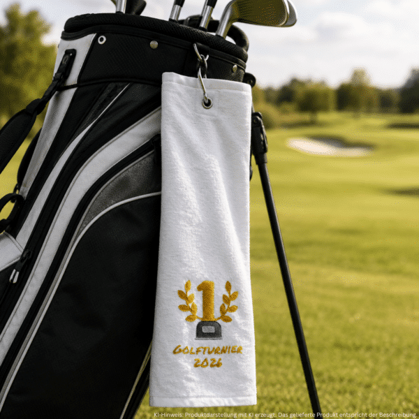 Personalisiertes Golfhandtuch mit Turnier-Motiv und Wunschtext am Golfbag auf einem Golfplatz