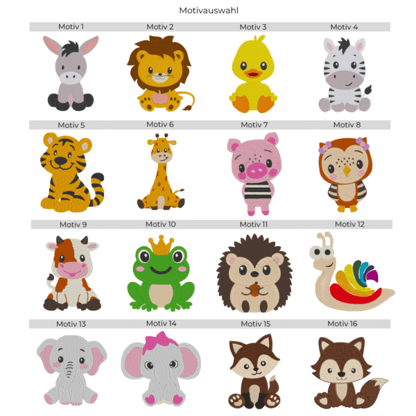 Motivauswahl mit 16 Tier-Stickmotiven für personalisierte und bestickte Baby-Lätzchen