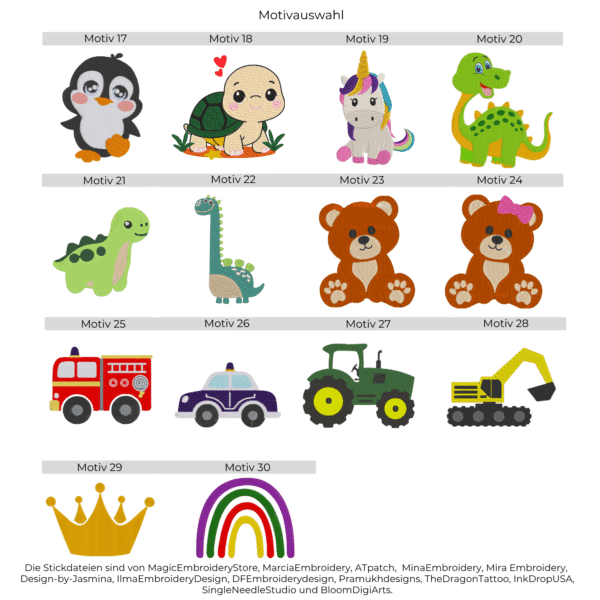 Motivauswahl mit Tier-, Dino- und Fahrzeug-Stickmotiven für personalisierte Baby-Lätzchen