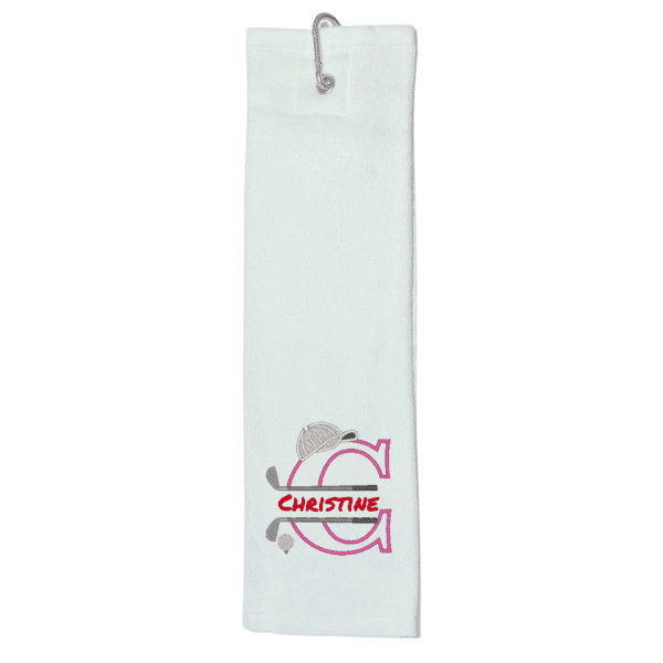 Golfhandtuch mit Golf-Split-Buchstabe C und Name Christine – weiß