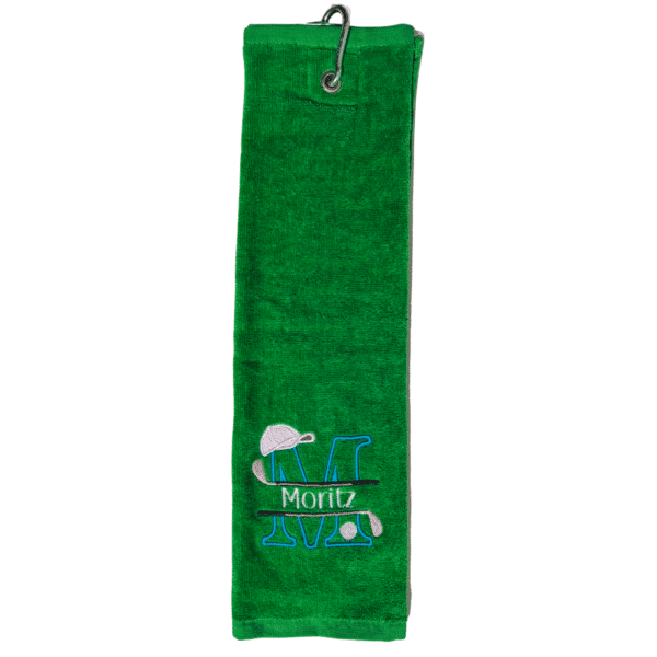 Golfhandtuch mit Golf-Split-Buchstabe M und Name Moritz – grün