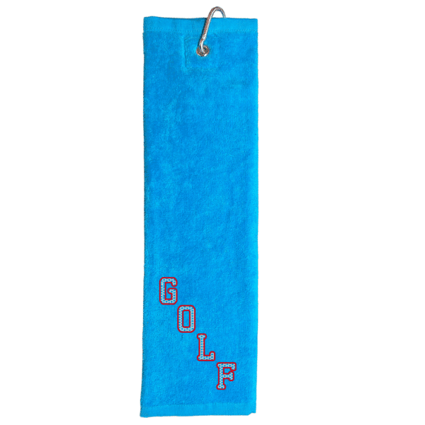 Türkises Golfhandtuch mit diagonal angeordnetem GOLF-Schriftzug und Karabiner
