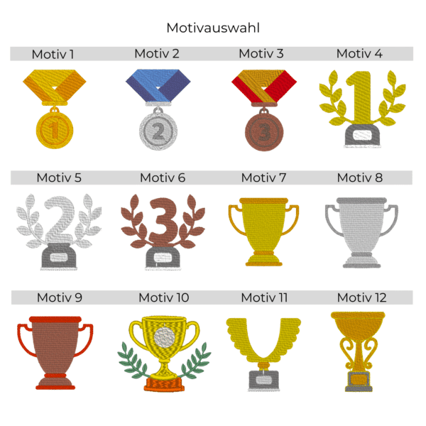 Übersicht von 12 Stickmotiven für Golfhandtücher mit Medaillen, Platzierungen, Lorbeer und Turnierpokalen