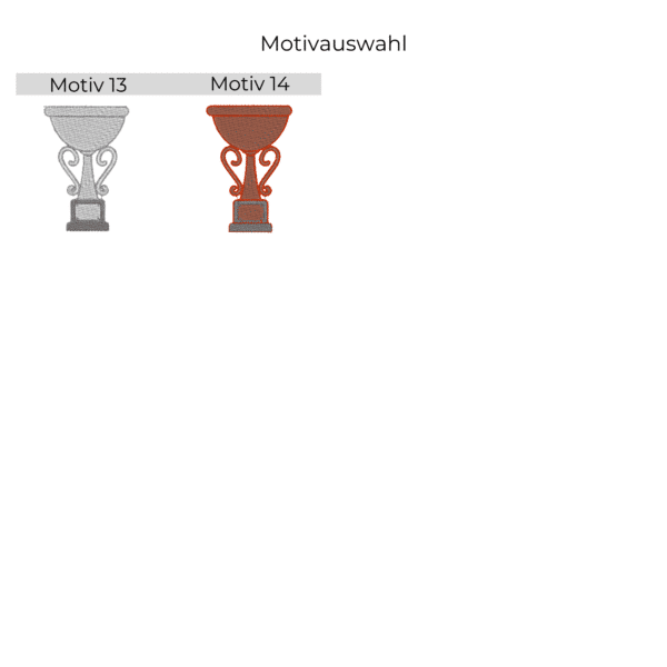 Übersicht der Golfturnier-Stickmotive 13 und 14 mit Pokalen in Silber und Bronze