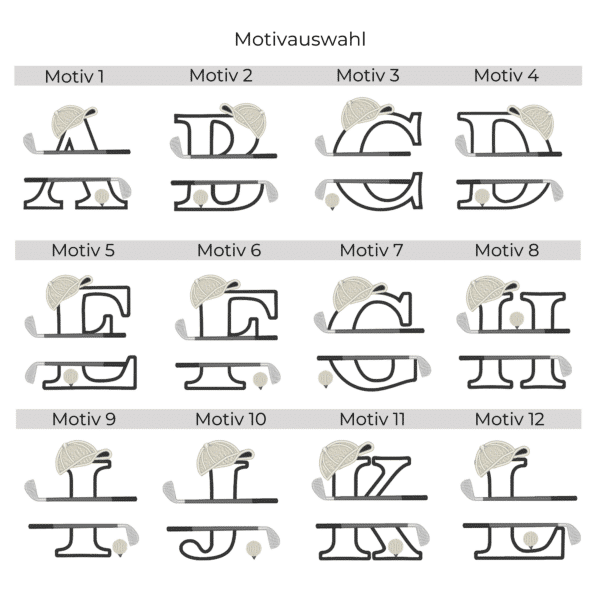 Golfhandtuch mit Golf-Split-Buchstabe – Motivübersicht A bis L
