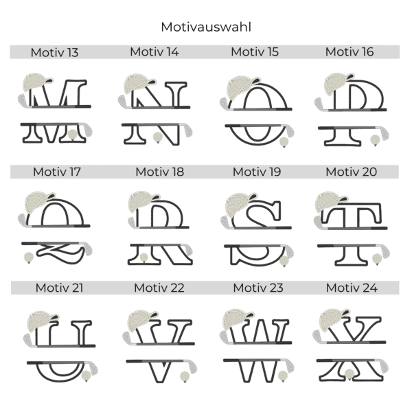 Golfhandtuch mit Golf-Split-Buchstabe – Motivübersicht M bis X
