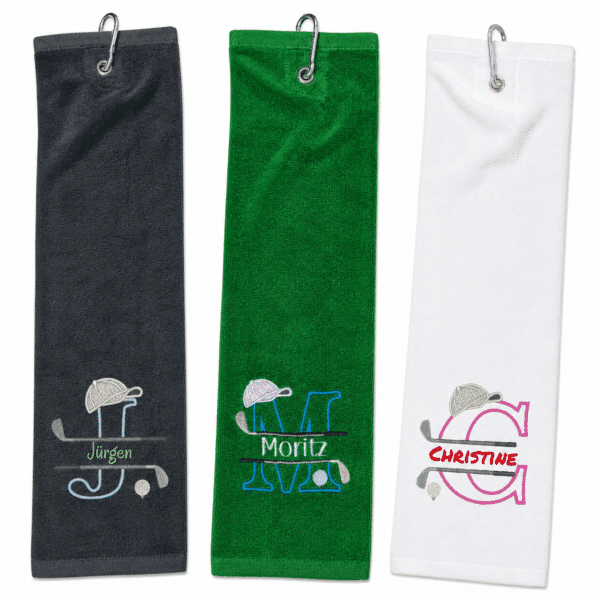 Golfhandtuch mit Golf-Split-Buchstabe – Beispiele J, M und C mit Namen