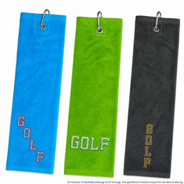 Drei Golfhandtücher mit GOLF-Schriftzug horizontal, diagonal und vertikal