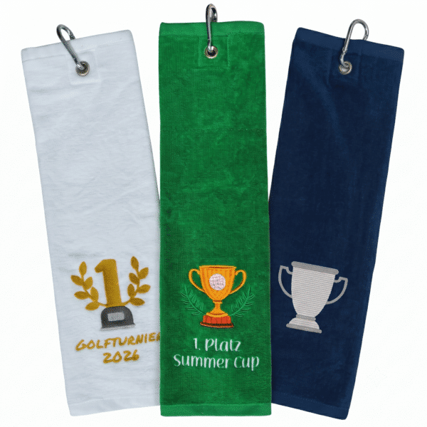 Drei personalisierte Golfhandtücher mit Turnier-Motiven Nummer 1 und Pokal in Weiß, Grün und Dunkelblau
