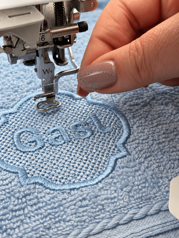 Nahaufnahme einer Stickmaschine beim Besticken eines blauen Handtuchs mit einem Gastmotiv.