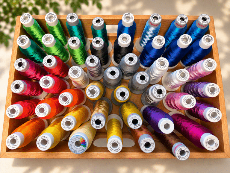 Bunte Stickgarnrollen in einer Holzkiste im CatsDus Atelier.