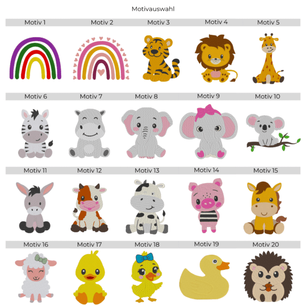 Motivübersicht mit Stickmotiven 1 bis 20 für personalisierte Kinderhandtücher mit Name und Motiv