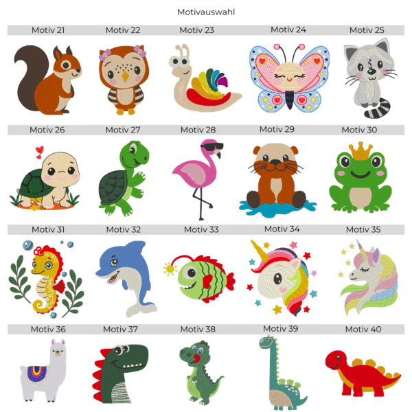 Motivübersicht mit Stickmotiven 21 bis 40 für personalisierte Kinderhandtücher mit Name und Motiv