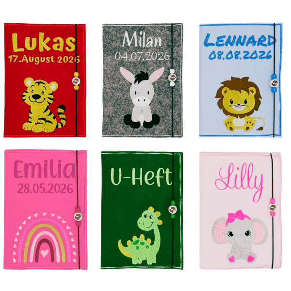Sechs personalisierte U-Heft-Hüllen aus Filz in verschiedenen Farben und Designs